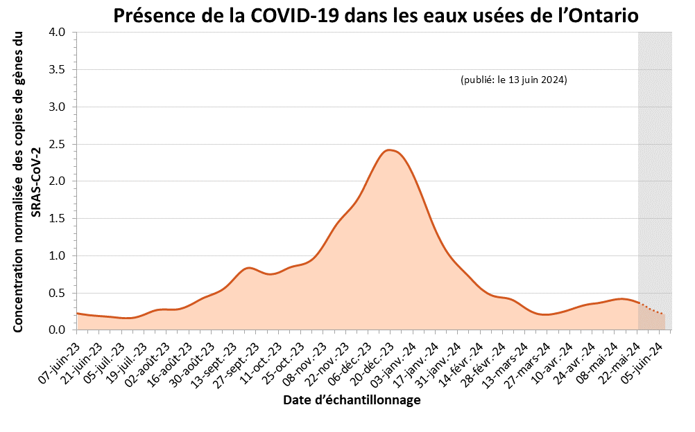 Graphique linéaire de l’estimation de la présence de la COVID-19 dans les eaux usées de l’Ontario. L’axe horizontal correspond à la date d’échantillonnage, et l’axe vertical, à la concentration normalisée des copies de gènes du SARS-CoV-2. Les estimations illustrées à l’aide d’un pointillé et ombragées en gris, qui couvrent les trois dernières semaines, sont plus susceptibles de changer. On observe un pic en avril 2023 et à partir de la mi-juillet 2023, on constate une augmentation des signaux qui atteignent un pic en décembre 2023.