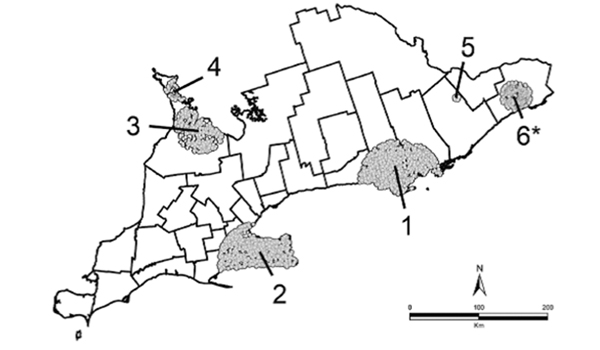 Southern Ontario map of clusters at 50% maximum population size.