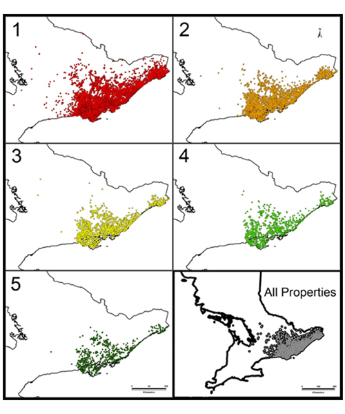 Map of study region showing unique properties separated by the number of years of private well water submissions from each property.