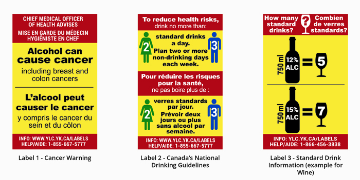 Cancer warning label; Low-risk drinking guidelines label; Standard drink label (e.g., wine)