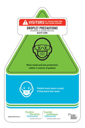 Standardized Infection Prevention and Control droplet caution signage card for hospitals.