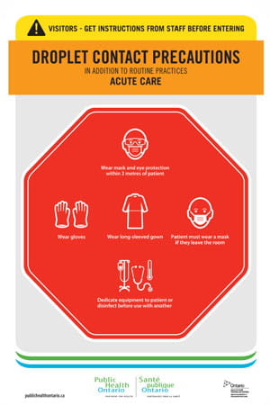 Standardized Infection Prevention and Control droplet contact stop signage card for hospitals.